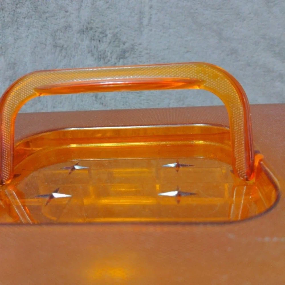 Vtg Wil-Hold Amber Orange Translucent Plastic Sewing Box MCM Case Gold Floral